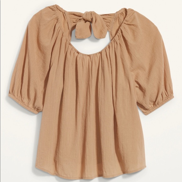 Puff-Sleeve Cutout Tie-Back Swing Blouse - Picture 1 of 5
